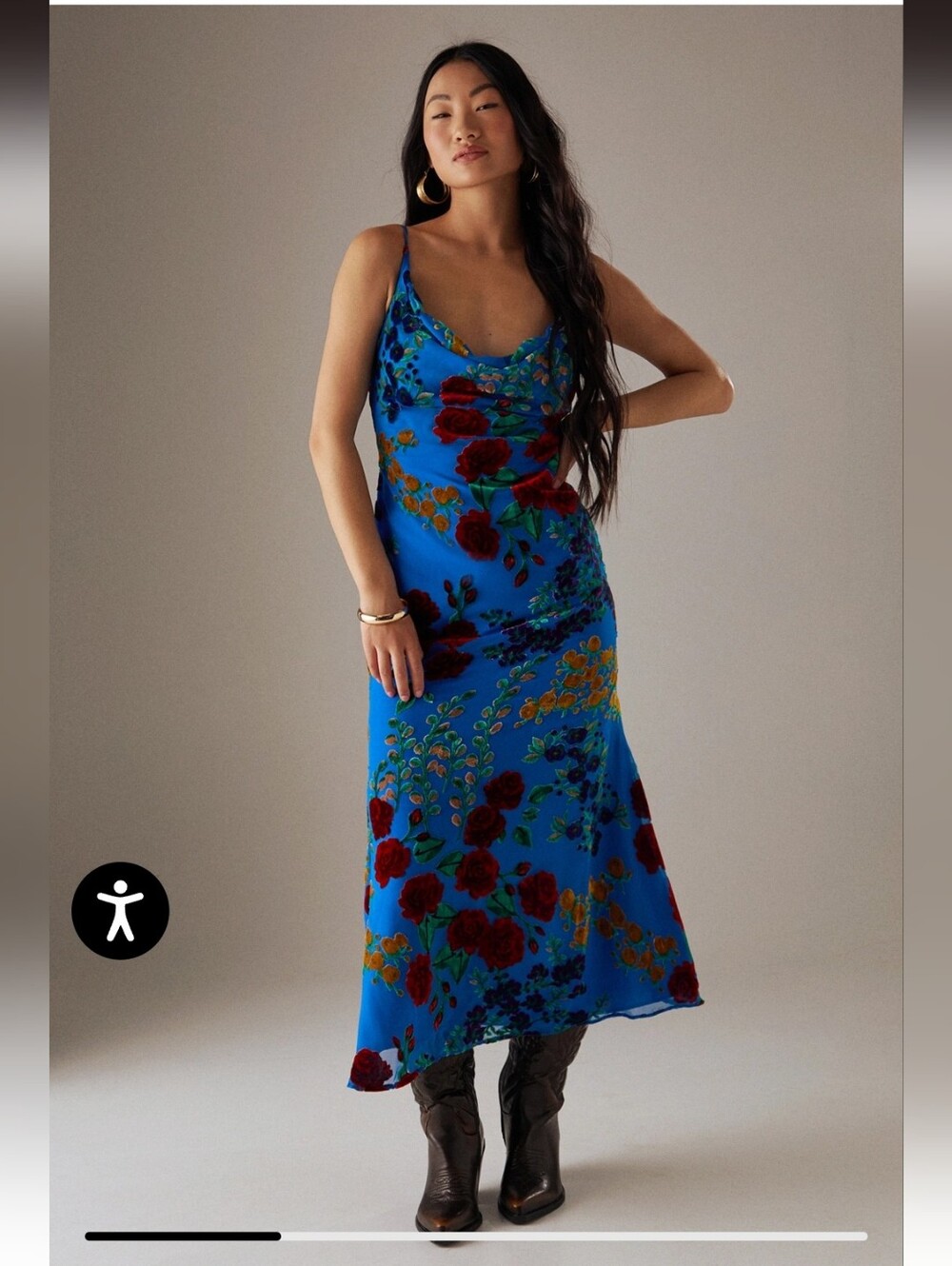 Warehouse Blue Floral Burnout Strappy Cowl Neck Midi Dress Size 6 NWT